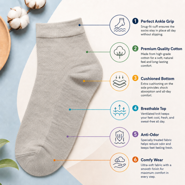 KYTERRA Socks Amazon Light grey decribe KYTERRA Premium Socks for Men, Ankle Socks, Black+Light Grey, Pairs of 2