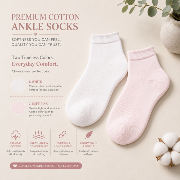 KYTERRA Premium Socks for Women, Ankle Socks, White+Soft Pink, Pairs of 2